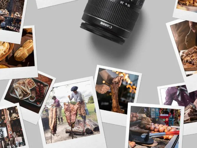 Mehrere Bilder im Polaroid-Style von den Reisen der Meat In, darüber ein Kamera-Objektiv