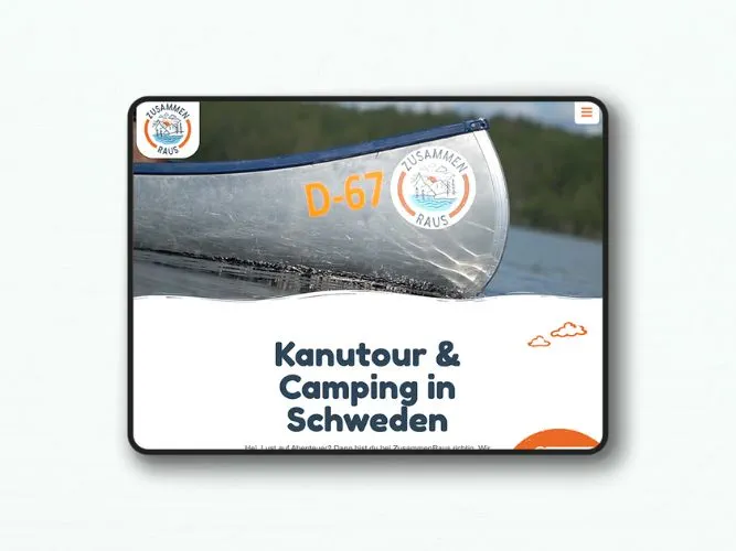 Website am Tablet von Zusammenraus zu Kanutour & Camping in Schweden